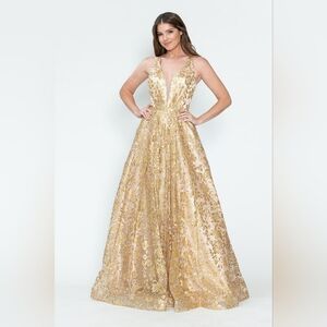 NWT Size XL Lenovia Gold Glitter Sequin Floral Lace Up Back A-Line Gown